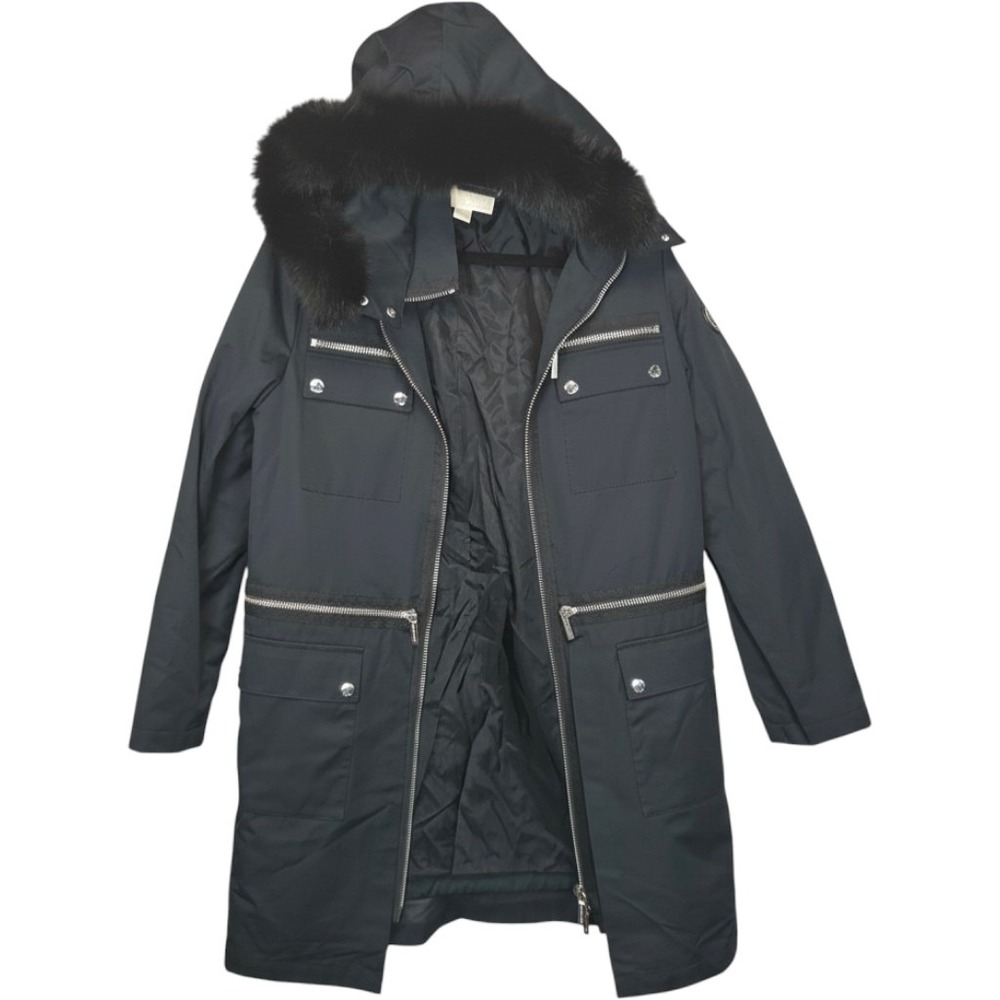Michael Kors Parka Jacket Womens M Black Excellent Fur Trim Hooded Coat